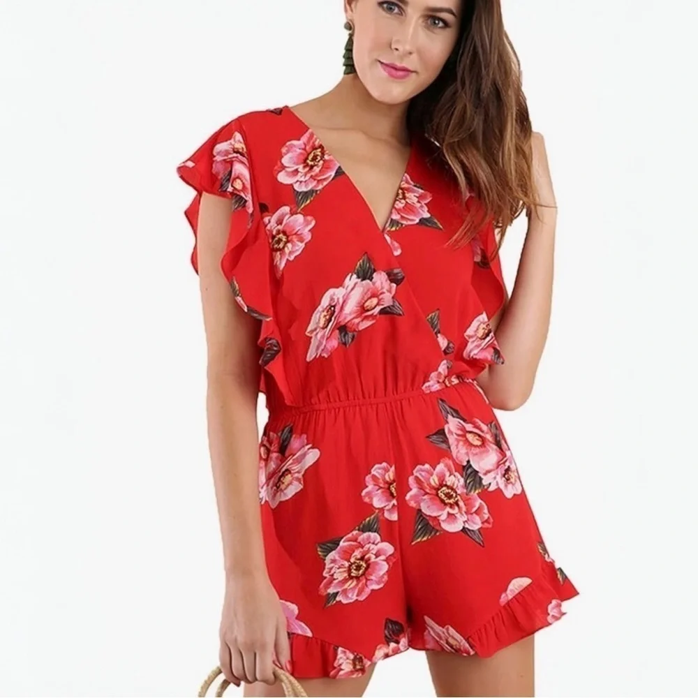 Umgee Floral Surplice Ruffle Romper Size S Red Built-In Shorts